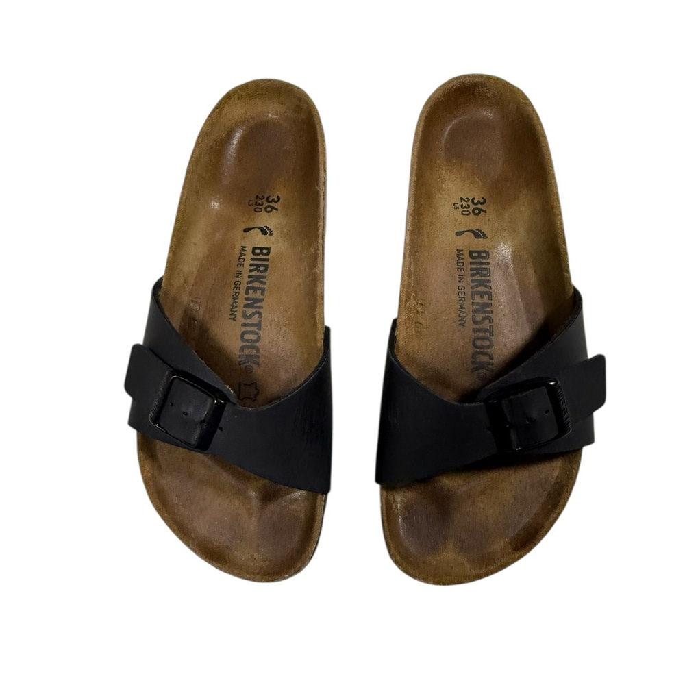 Birkenstock Madrid Black Sandals Women’s Size 5 Single Strap Buckle Cork Footbed - Picture 2 of 11